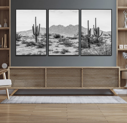 97436PHN-MGV-FC-60X30-3P_Black-Desert Landscape Wall Art – Black and White Cactus and Mountain Canvas Print, Southwestern Nature Photography for Living Room,