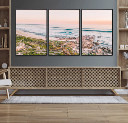 27332135-MGV-FC-60X30-3P_Black-Coastal Sunset Wall Art – Ocean Waves and Rocky Shore Canvas Print, Scenic Seaside Photography Decor for Bedroom, Living Room,