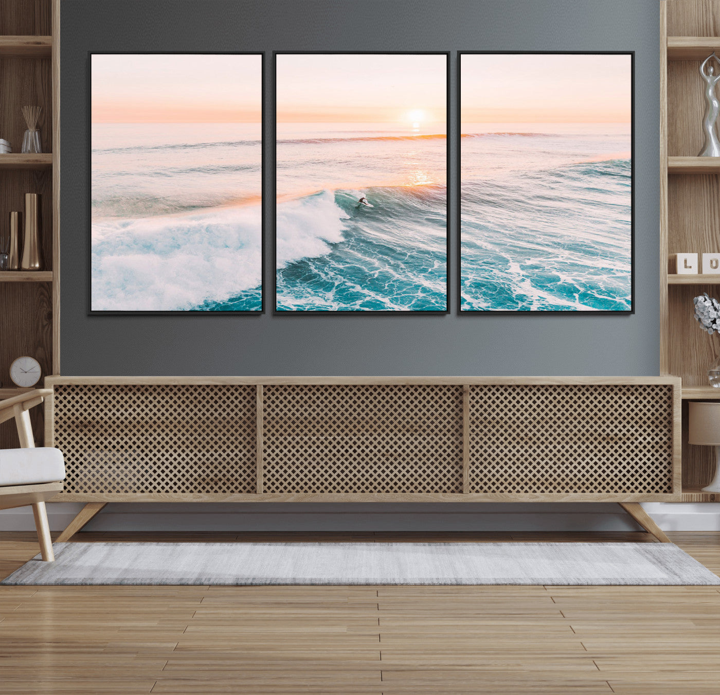 34064591-MGV-FC-60X30-3P_Black-Surfing Wall Art – Sunset Ocean Wave Canvas Print, Surfer Riding Sea Photography Decor for Bedroom, Living Room, Office, Coastal