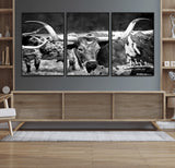 15425553-MGV-CV-36X24-Western Wall Art – Longhorn Cattle Black and White Canvas Print, Rustic Ranch Photography Decor for Bedroom, Living Room, Office,