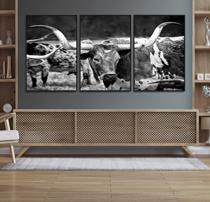 15425553-MGV-CV-36X24-Western Wall Art – Longhorn Cattle Black and White Canvas Print, Rustic Ranch Photography Decor for Bedroom, Living Room, Office,
