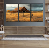 16480179-MGV-FC-60X30-3P_Black-Farmhouse Wall Art – Rustic Barn and Golden Field Canvas Print, Country Landscape Photography Decor for Bedroom, Living Room,
