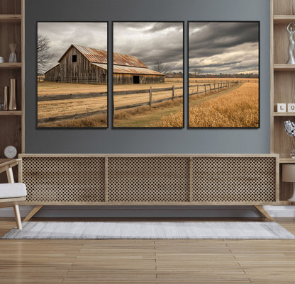 21991117-MGV-FC-60X30-3P_Black-Rustic Barn Wall Art – Weathered Farmhouse Canvas Print, Stormy Sky and Golden Field Photography Decor for Bedroom, Living Room,