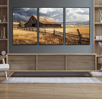 23718739-MGV-FC-60X30-3P_Black-Farmhouse Wall Art – Rustic Barn and Golden Wheat Field Canvas Print, Country Landscape Photography Decor for Bedroom, Living