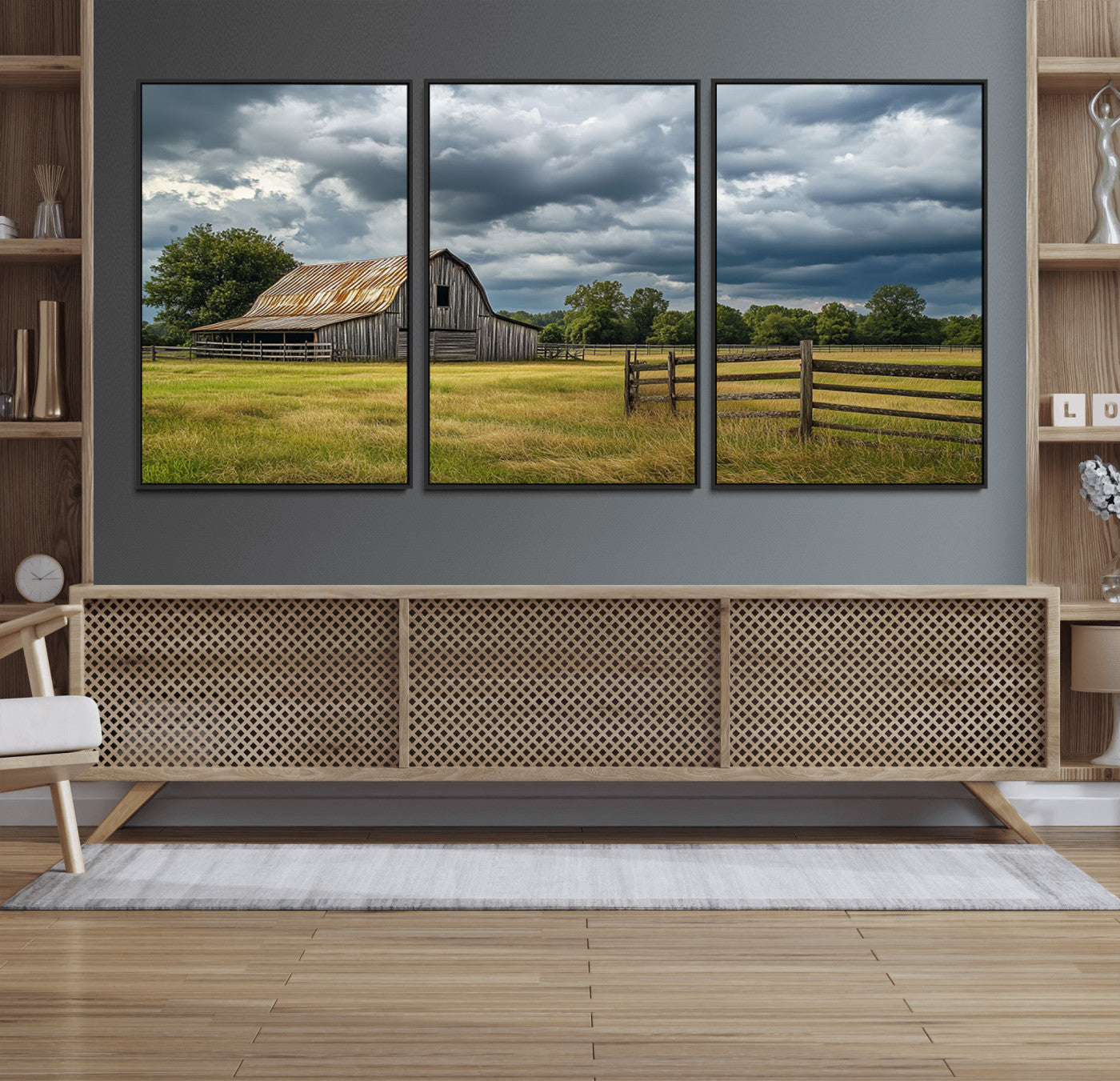 39409517-MGV-FC-60X30-3P_Black-Rustic Barn Wall Art – Weathered Farmhouse and Storm Clouds Canvas Print, Country Landscape Photography Decor for Bedroom, Living