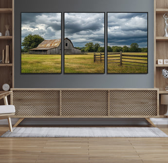 39409517-MGV-FC-60X30-3P_Black-Rustic Barn Wall Art – Weathered Farmhouse and Storm Clouds Canvas Print, Country Landscape Photography Decor for Bedroom, Living