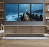 93793246-MGV-FC-60X30-3P_Black-Stormy Night Pier Canvas Wall Art – Moody Ocean Landscape with Lights, Blue Coastal Seascape Print for Bedroom, Living Room,