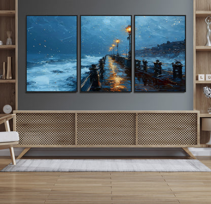93793246-MGV-FC-60X30-3P_Black-Stormy Night Pier Canvas Wall Art – Moody Ocean Landscape with Lights, Blue Coastal Seascape Print for Bedroom, Living Room,