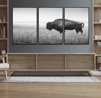 90861202-MGV-CV-36X24-Black and White Bison Canvas Wall Art – Rustic American Buffalo Print, Western Wildlife Photography for Farmhouse, Cabin, Office