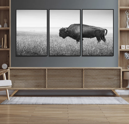 90861202-MGV-CV-36X24-Black and White Bison Canvas Wall Art – Rustic American Buffalo Print, Western Wildlife Photography for Farmhouse, Cabin, Office