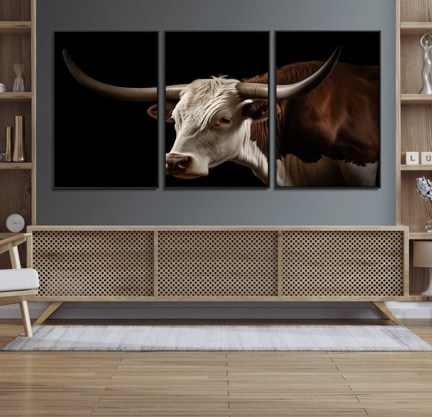 27414857-MGV-CV-36X24-Texas Longhorn Bull Canvas Wall Art – Rustic Western Farmhouse Decor, Brown & White Cow Portrait, Animal Print for Ranch Home