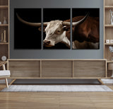 27414857-MGV-CV-36X24-Texas Longhorn Bull Canvas Wall Art – Rustic Western Farmhouse Decor, Brown & White Cow Portrait, Animal Print for Ranch Home