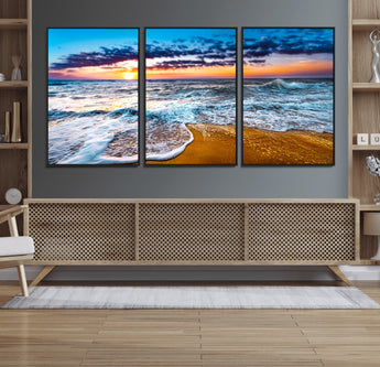 24077769-MGV-CV-36X24-Sunset Beach Wall Art – Ocean Waves Canvas Print, Golden Shoreline Photography Coastal Decor for Living Room, Bedroom, Office,