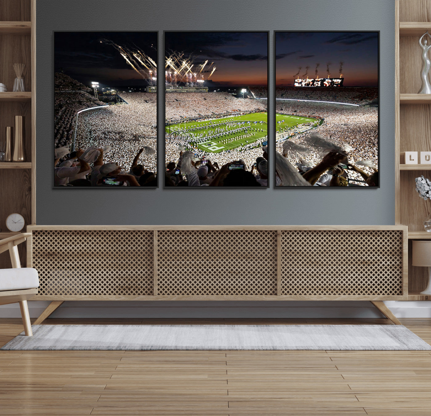 11221988-MGV-FC-60X30-3P_Black-Football Stadium Wall Art – Game Day Crowd with Fireworks, Sports Fan Photography Print, Stadium Decor for Man Cave, Bar, or