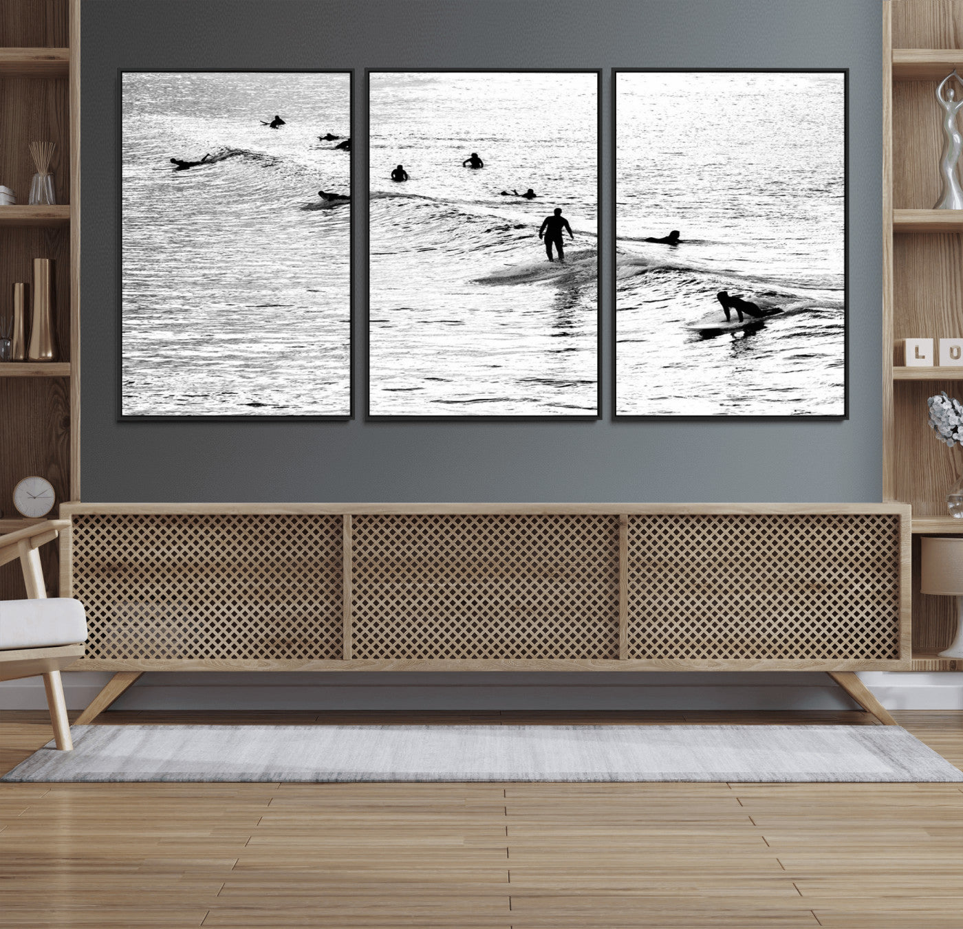 68018616-MGV-FC-60X30-3P_Black-Black and White Surf Photography Print – Minimalist Ocean Wall Art, Surfers Riding Waves, Coastal Beach Decor for Modern Home or