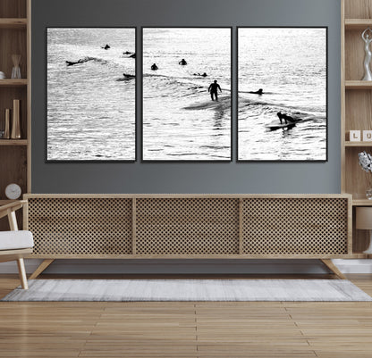 68018616-MGV-FC-60X30-3P_Black-Black and White Surf Photography Print – Minimalist Ocean Wall Art, Surfers Riding Waves, Coastal Beach Decor for Modern Home or