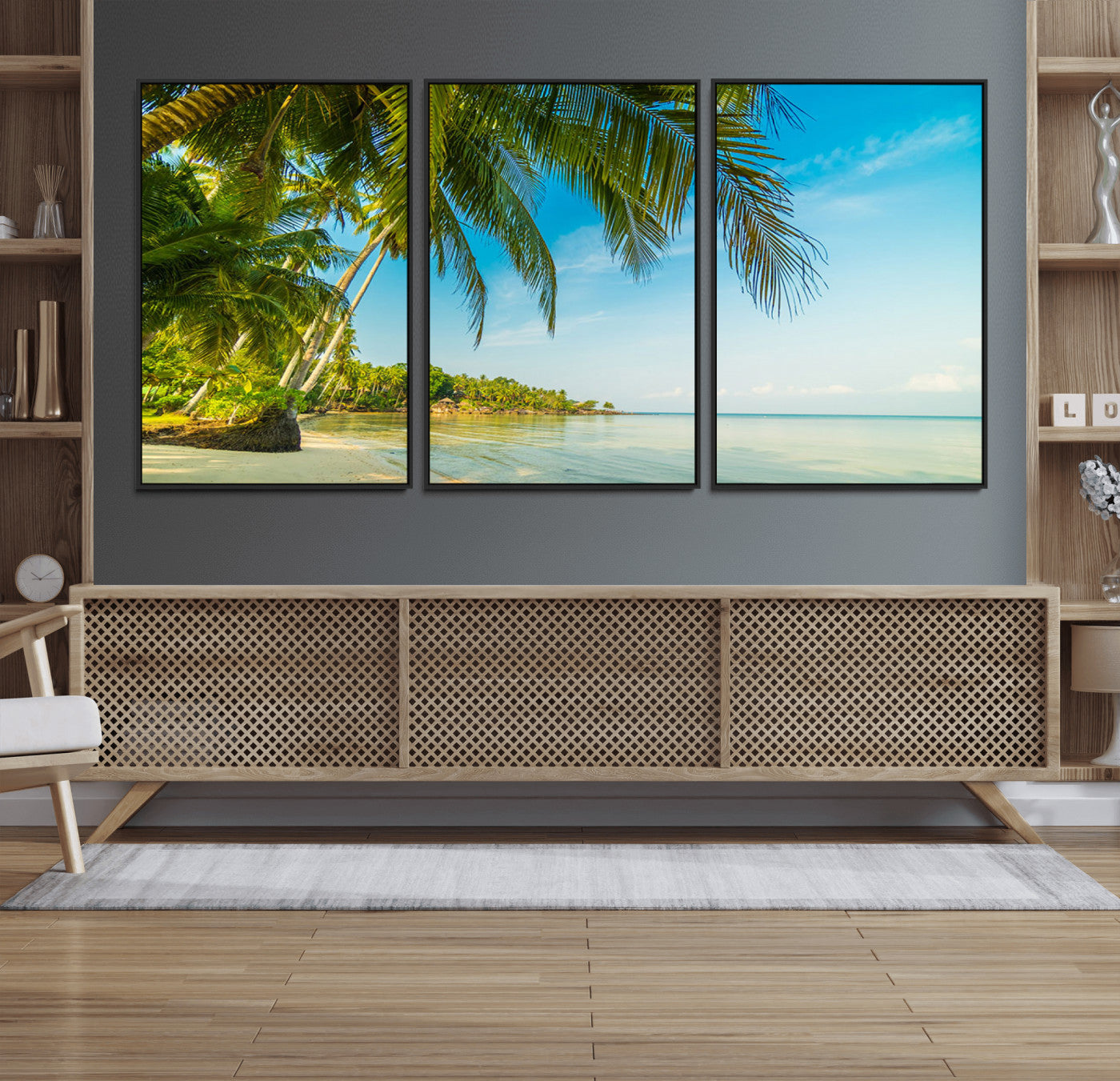 65056721-MGV-FC-60X30-3P_Black-Tropical Beach Wall Art – Palm Tree Coastal Photography Print, Relaxing Ocean Paradise Landscape, Island Seascape Home or Office