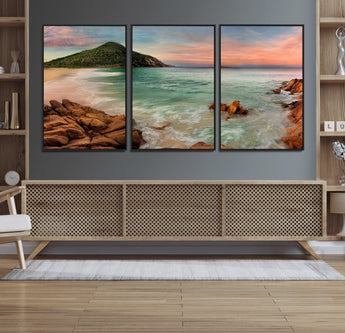 53831025-MGV-FC-60X30-3P_Black-Coastal Landscape Wall Art – Tropical Beach Ocean Canvas Print, Sunset Mountain View Photography Decor for Living Room, Bedroom,