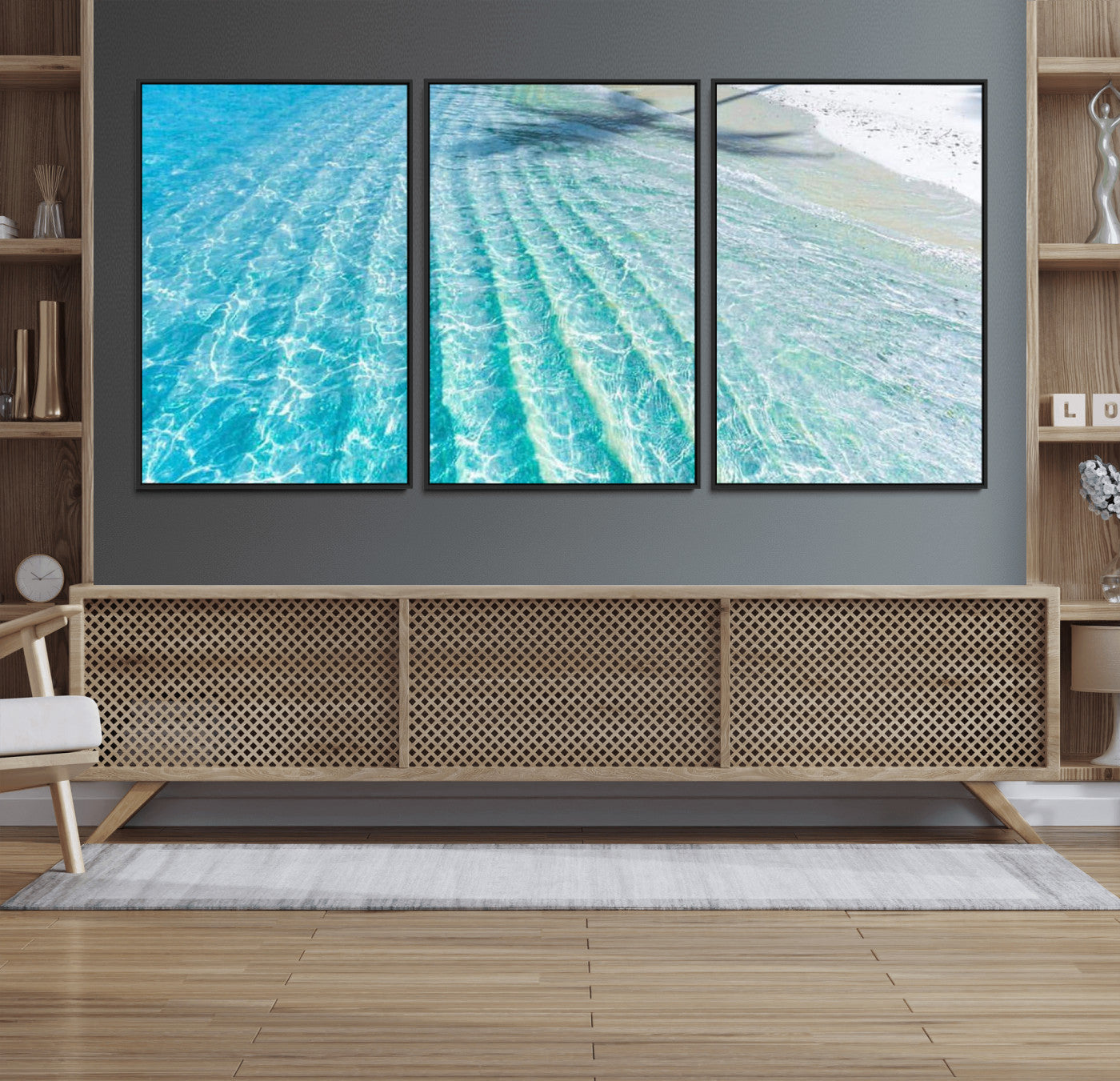 17528159-MGV-FC-60X30-3P_Black-Tropical Ocean Wall Art – Turquoise Water Canvas Print, Crystal Clear Beach Waves Photography Coastal Decor for Living Room,