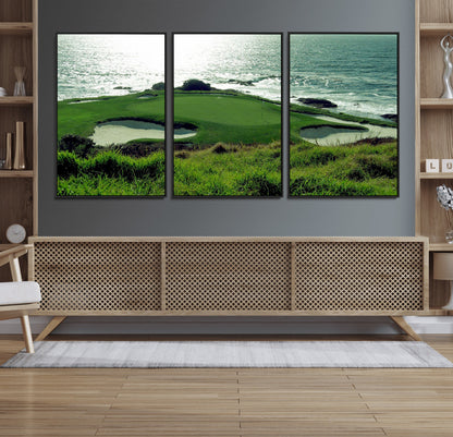 48473947-MGV-FC-60X30-3P_Black-Ocean Golf Course Wall Art – Panoramic Green Fairway Canvas Print, Coastal Golf Landscape Photography Sports Decor for Office, Man