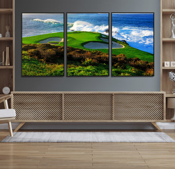 34181847-MGV-FC-60X30-3P_Black-Coastal Golf Course Wall Art – Panoramic Ocean Fairway Canvas Print, Scenic Sports Photography Decor for Office, Man Cave, Living