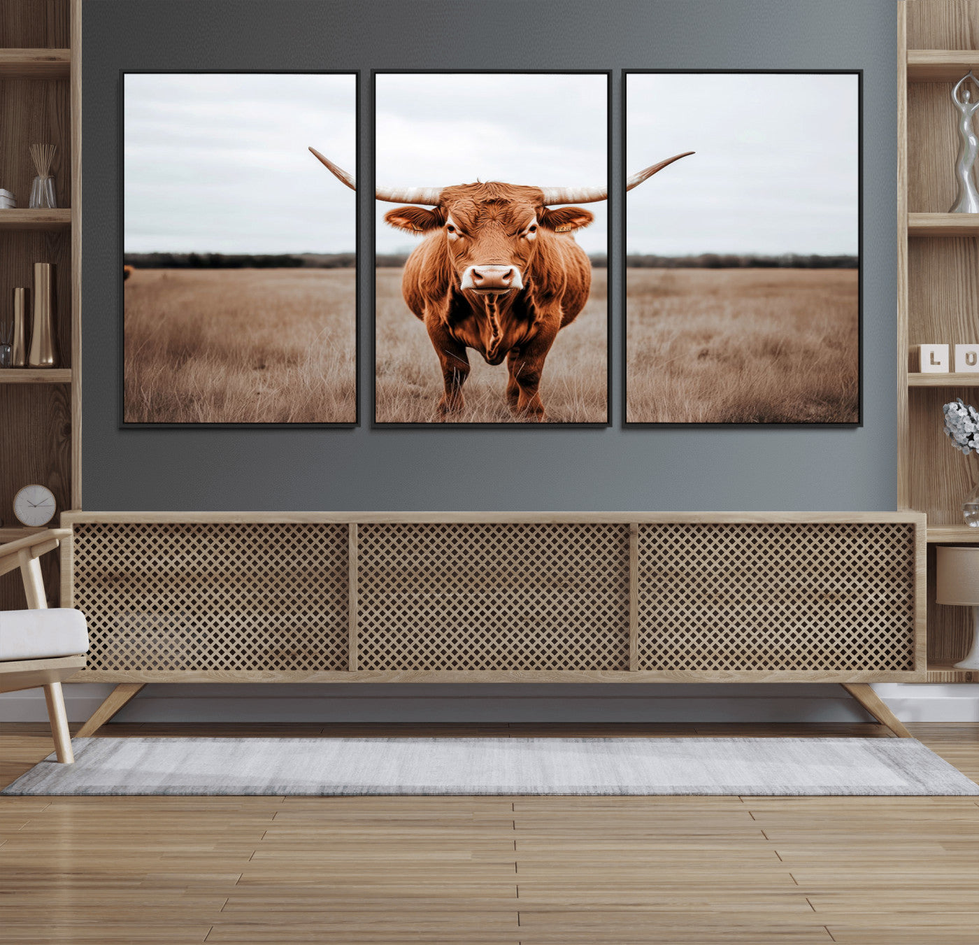 16316734-MGV-FC-60X30-3P_Black-Texas Longhorn Wall Art – Rustic Bull Portrait Canvas Print, Western Farmhouse Animal Photography Decor for Living Room, Office,