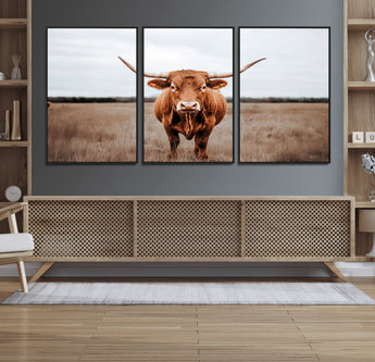 16316734-MGV-FC-60X30-3P_Black-Texas Longhorn Wall Art – Rustic Bull Portrait Canvas Print, Western Farmhouse Animal Photography Decor for Living Room, Office,