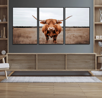 16316734-MGV-FC-60X30-3P_Black-Texas Longhorn Wall Art – Rustic Bull Portrait Canvas Print, Western Farmhouse Animal Photography Decor for Living Room, Office,