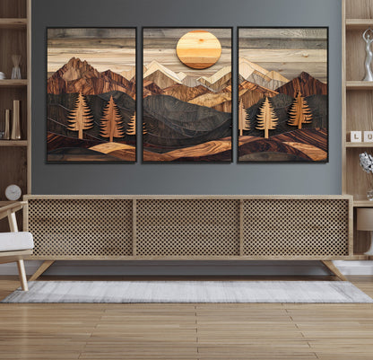 90044381-MGV-FC-60X30-3P_Black-Rustic Wall Art – Wooden Mountain Landscape with Sun and Pine Trees, Handcrafted Nature Canvas Style Decor for Bedroom, Living
