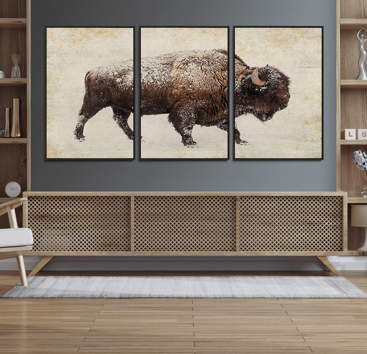 54810031-MGV-FC-60X30-3P_Black-Western Wall Art – Snow Covered Bison Canvas Print, Rustic Wildlife Photography Decor for Bedroom, Living Room, Office, Lodge,