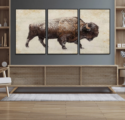 54810031-MGV-FC-60X30-3P_Black-Western Wall Art – Snow Covered Bison Canvas Print, Rustic Wildlife Photography Decor for Bedroom, Living Room, Office, Lodge,