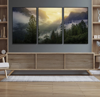 38316884-MGV-FC-60X30-3P_Black-Landscape Wall Art – Misty Mountain Valley Canvas Print, Scenic Pine Forest and Sunrise Photography Decor for Bedroom, Living