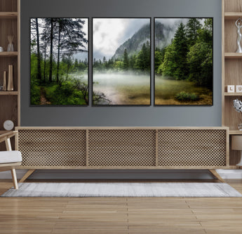 93123937-MGV-FC-60X30-3P_Black-Landscape Wall Art – Misty Mountain Lake Canvas Print, Tranquil Forest and Waterfall Photography Decor for Bedroom, Living Room,