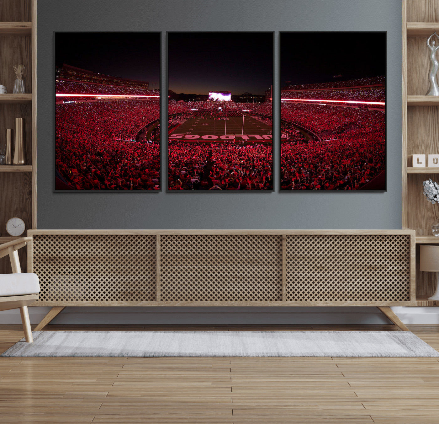 38331045-MGV-FC-60X30-3P_Black-Sanford Stadium Wall Art – Georgia Bulldogs Football Red Night Game Canvas Print, Electric College Sports Decor for Man Cave or