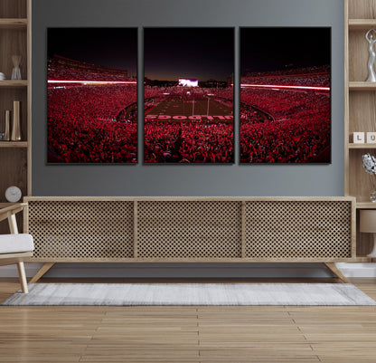 38331045-MGV-FC-60X30-3P_Black-Sanford Stadium Wall Art – Panoramic Georgia Bulldogs Red Light Game Football Canvas Print, Night Crowd Sports Decor for Office,