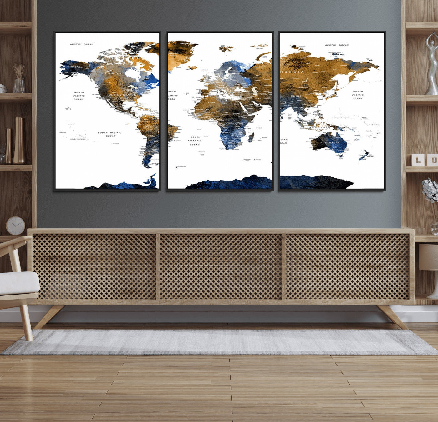 MGV-FC-60X30-3P - World Map Wall Art Canvas Print, Framed Blue Gold Map Art Picture Print, Rustic Atlas Perfect Rustic Modern Decor Artwork