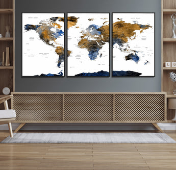 MGV-FC-60X30-3P - World Map Wall Art Canvas Print, Framed Blue Gold Map Art Picture Print, Rustic Atlas Perfect Rustic Modern Decor Artwork
