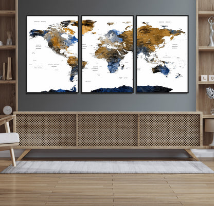 MGV-FC-60X30-3P - World Map Wall Art Canvas Print, Framed Blue Gold Map Art Picture Print, Rustic Atlas Perfect Rustic Modern Decor Artwork