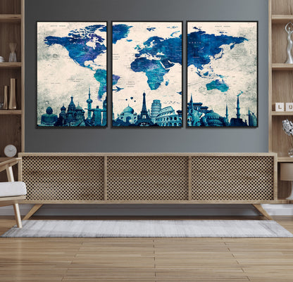 MGV-FC-60X30-3P - Blue World Map Wall Art Canvas Print, Framed Iconic Landmarks Art Picture Print, Blue Globe Map Perfect Elegant Explorer Decor Artwork