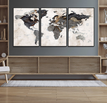 MGV-FC-60X30-3P - World Map Wall Art Canvas Print, Framed Rustic Map Art Picture Print, Antique Map Perfect Rustic Explorer Decor Artwork