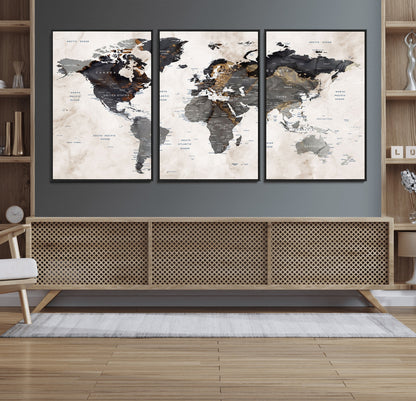 MGV-FC-60X30-3P - World Map Wall Art Canvas Print, Framed Rustic Map Art Picture Print, Antique Map Perfect Rustic Explorer Decor Artwork