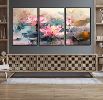 18414-MGV-FC-60X30-3P_Black-Pink Lotus Wall Art Canvas Print, Framed Water Lily Art Picture Print, Dreamy Floral Perfect Dreamy Botanical Decor Artwork