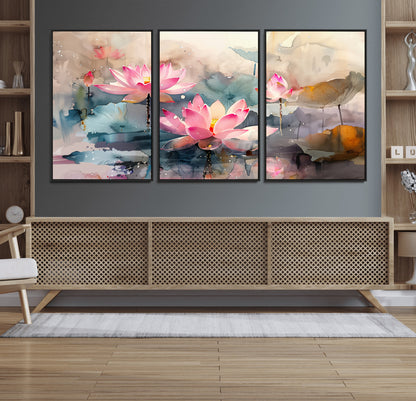 18414-MGV-FC-60X30-3P_Black-Pink Lotus Wall Art Canvas Print, Framed Water Lily Art Picture Print, Dreamy Floral Perfect Dreamy Botanical Decor Artwork