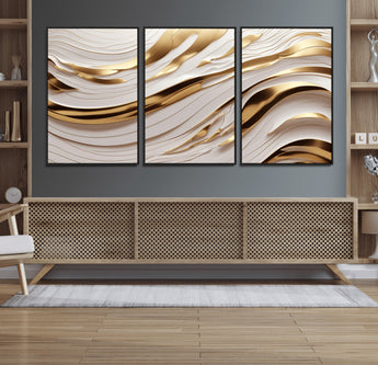 41237-MGV-FC-60X30-3P_Black-Gold Waves Wall Art Canvas Print, Framed Elegant Flow Art Picture Print, Luxury Layers Perfect Minimal Luxe Decor Artwork