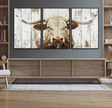 10840-MGV-FC-60X30-3P_Black-Texas Longhorn Wall Art Canvas Print, Framed Rustic Bull Art Picture Print, Western Cattle Perfect Rustic Western Decor Artwork