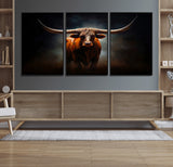 12484-MGV-FC-60X30-3P_Black-Texas Longhorn Wall Art Canvas Print, Framed Western Bull Art Picture Print, Moody Cattle Perfect Moody Western Decor Artwork
