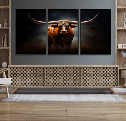 12484-MGV-FC-60X30-3P_Black-Texas Longhorn Wall Art Canvas Print, Framed Western Bull Art Picture Print, Moody Cattle Perfect Moody Western Decor Artwork