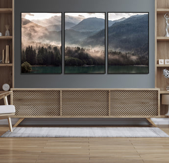 64758-MGV-FC-60X30-3P_Black-Misty Mountains Wall Art Canvas Print, Framed Moody Pines Art Picture Print, Forest Lake Perfect Moody Alpine Decor Artwork