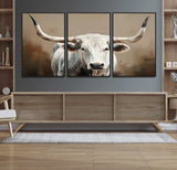 63550-MGV-FC-60X30-3P_Black-Texas Longhorn Wall Art Canvas Print, Framed White Bull Art Picture Print, Horned Cattle Perfect Rustic Western Decor Artwork