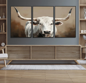63550-MGV-FC-60X30-3P_Black-Texas Longhorn Wall Art Canvas Print, Framed White Bull Art Picture Print, Horned Cattle Perfect Rustic Western Decor Artwork